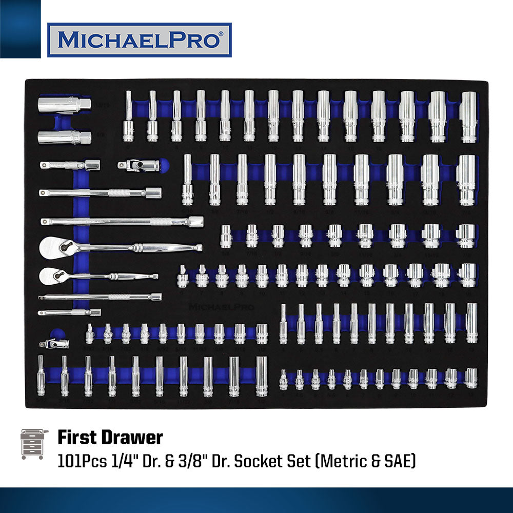 212-Piece Tool Cabinet Complete with Tools and Accessories, 7 Drawer Tool Chest (MP009066) - MichaelPro