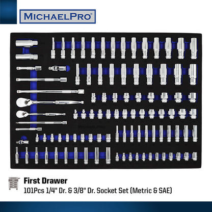 212-Piece Tool Cabinet Complete with Tools and Accessories, 7 Drawer Tool Chest (MP009066) - MichaelPro