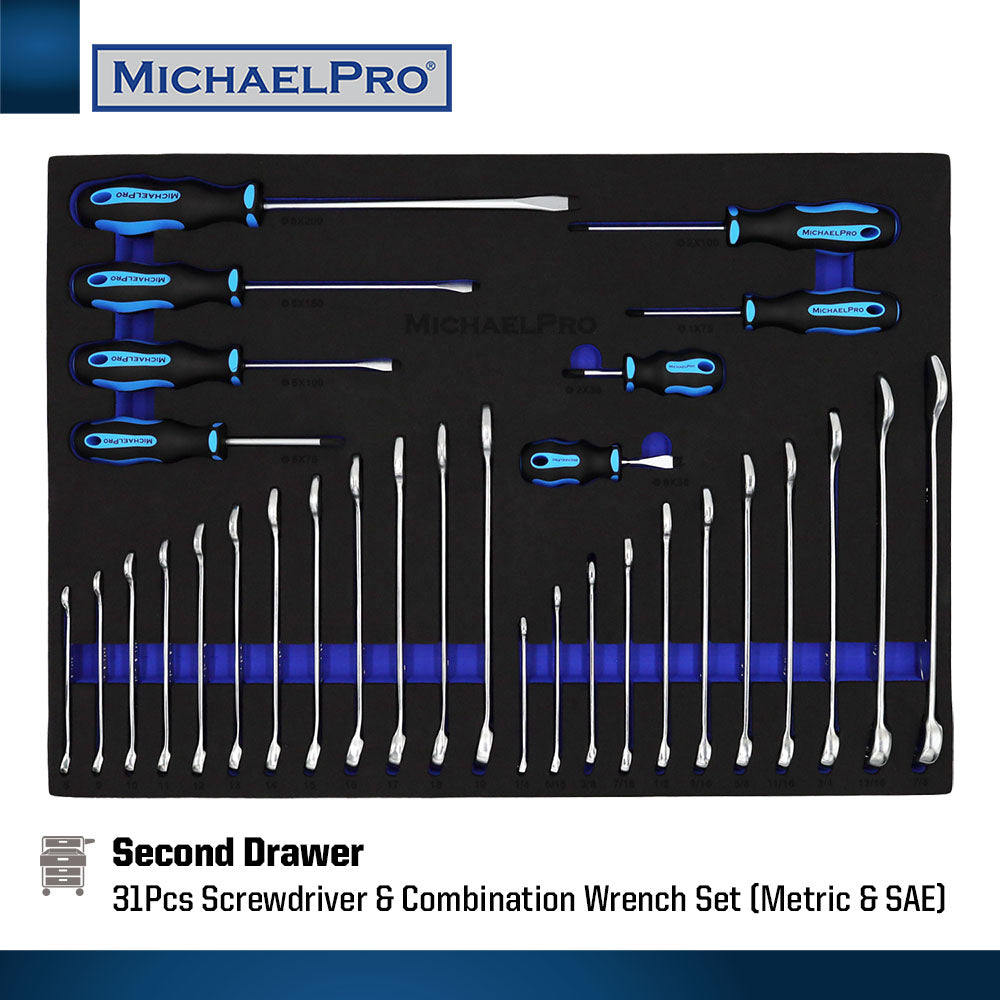 212-Piece Tool Cabinet Complete with Tools and Accessories, 7 Drawer Tool Chest (MP009066) - MichaelPro