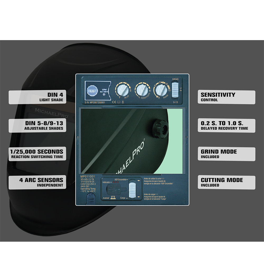 Auto Darkening Welding Helmet, Large Viewing 3.94" x 2.44 (MP011001 ) - MichaelPro