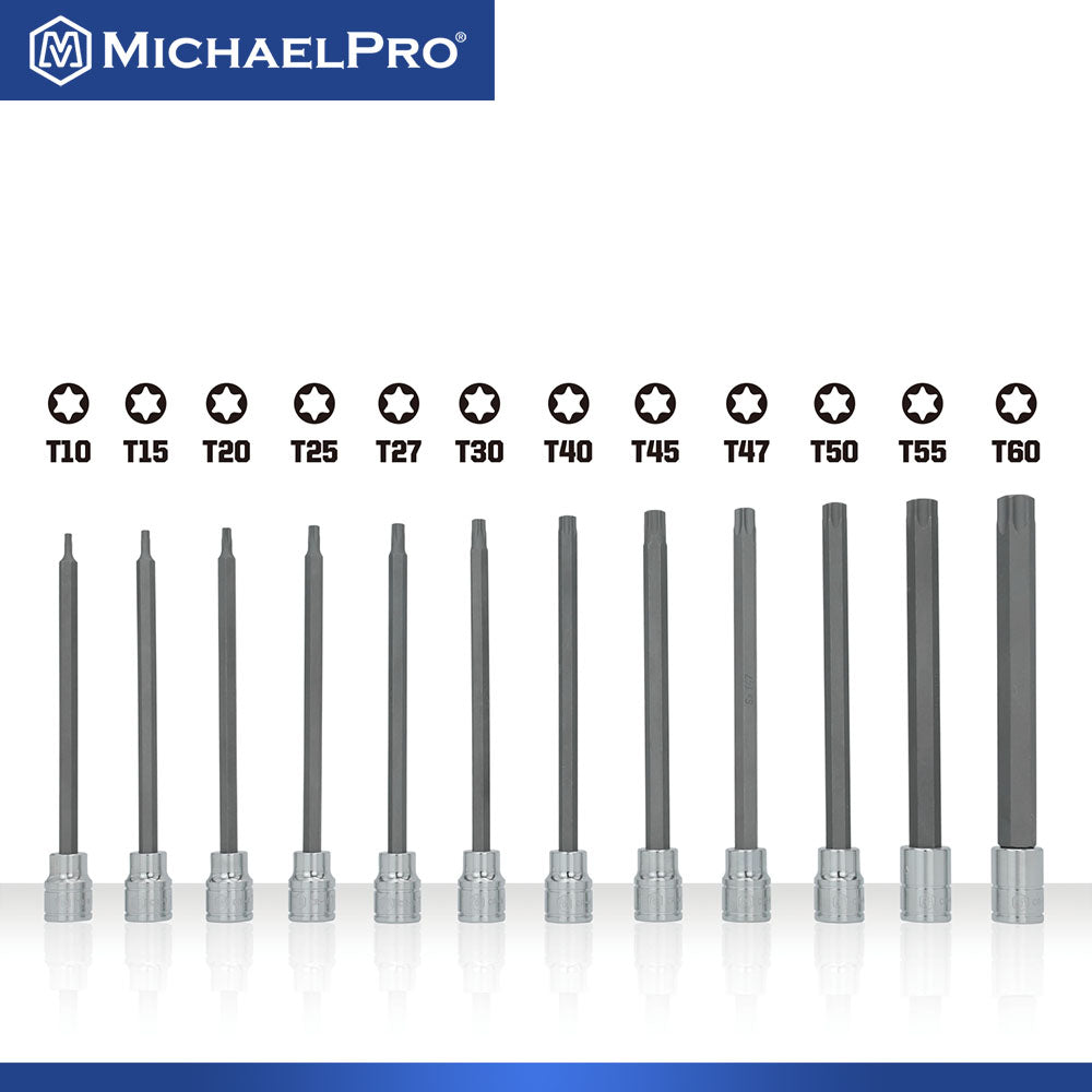 12-Piece 3/8” Drive 6-Inches Long Torx Bit Socket Set, T10 to T60 (MP012019) - MichaelPro
