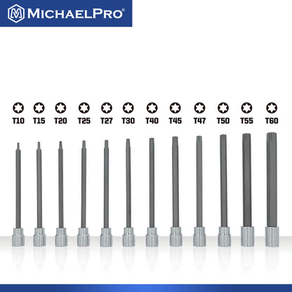 12-Piece 3/8” Drive 6-Inches Long Torx Bit Socket Set, T10 to T60 (MP012019) - MichaelPro
