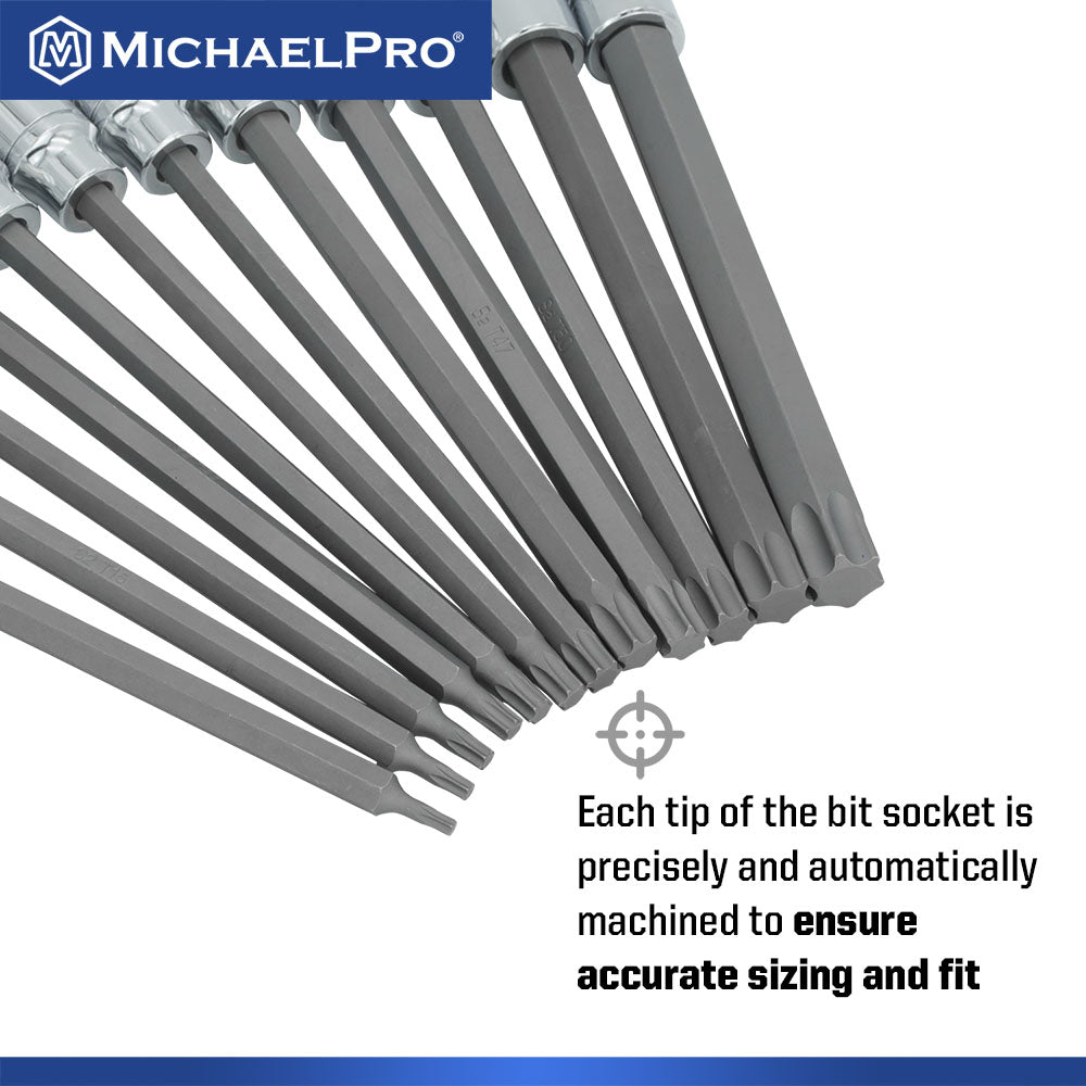 12-Piece 3/8” Drive 6-Inches Long Torx Bit Socket Set, T10 to T60 (MP012019) - MichaelPro