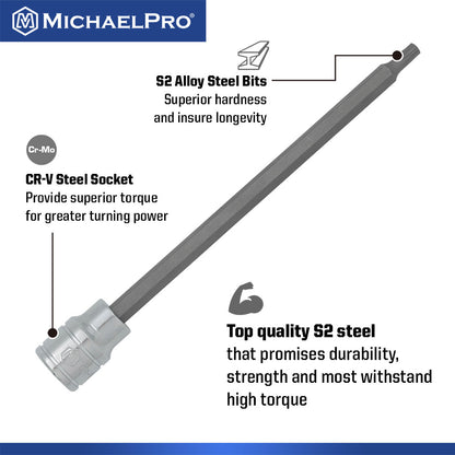 12-Piece 3/8” Drive 6-Inches Long Torx Bit Socket Set, T10 to T60 (MP012019) - MichaelPro
