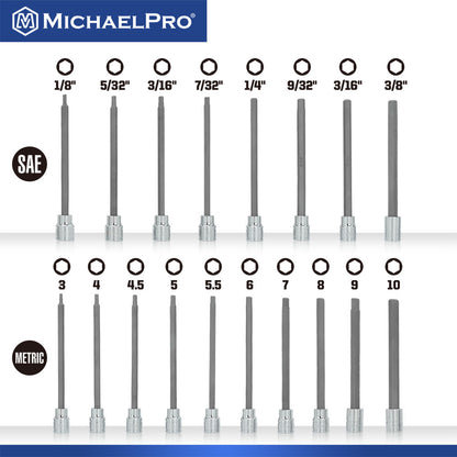 18-Piece 3/8”Drive 6-Inches Long Hex Bit Socket Set in Standard SAE & Metric Sizes (MP012020) - MichaelPro