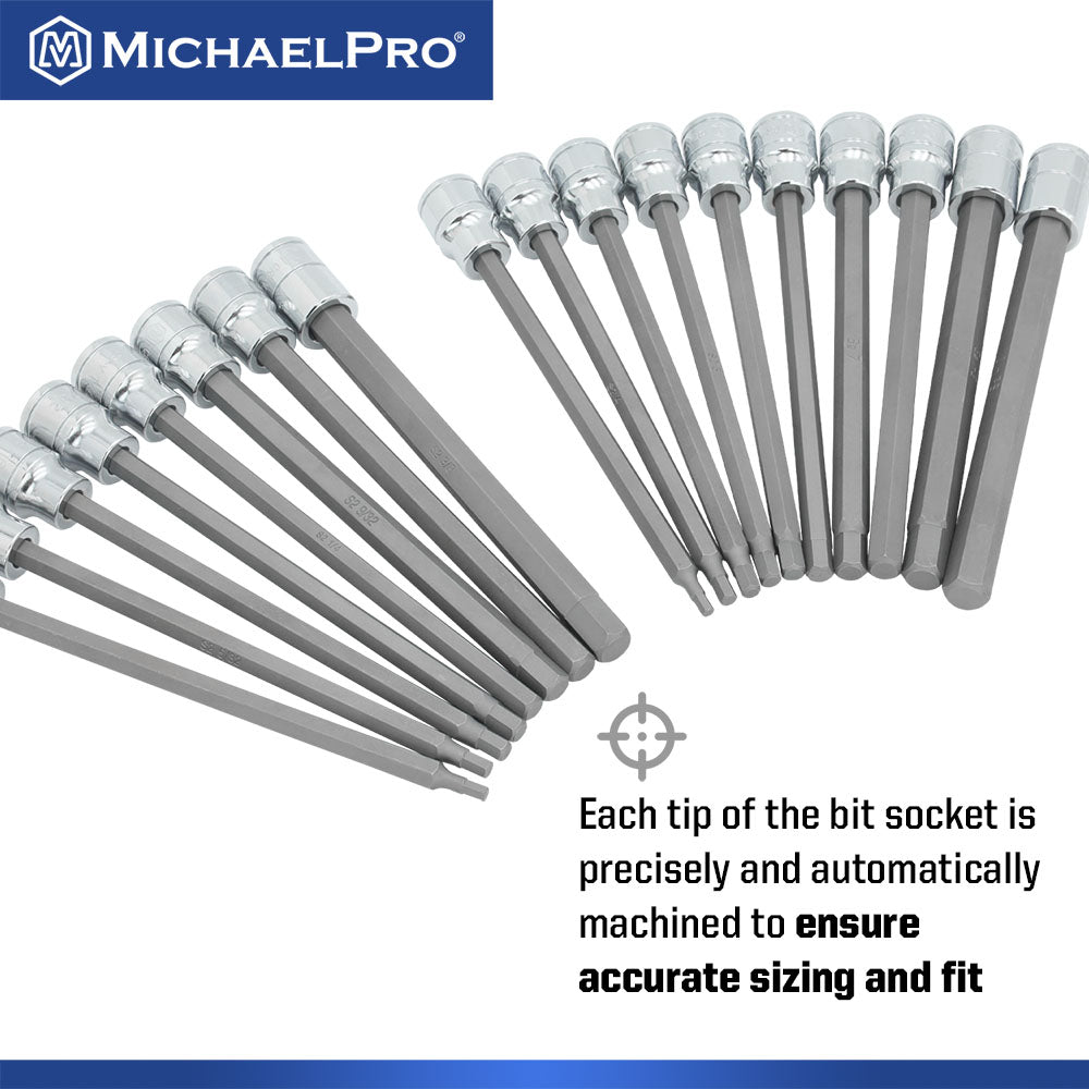 18-Piece 3/8”Drive 6-Inches Long Hex Bit Socket Set in Standard SAE & Metric Sizes (MP012020) - MichaelPro