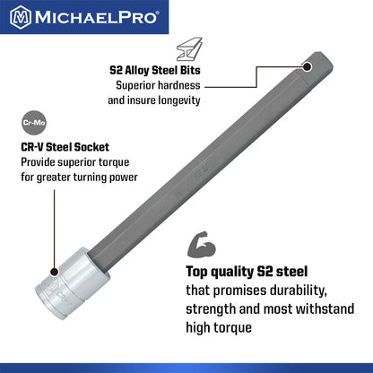 18-Piece 3/8”Drive 6-Inches Long Hex Bit Socket Set in Standard SAE & Metric Sizes (MP012020) - MichaelPro