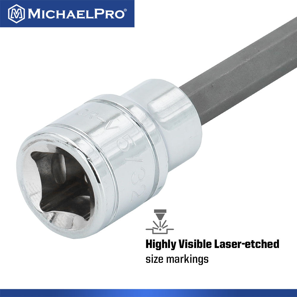 18-Piece 3/8”Drive 6-Inches Long Hex Bit Socket Set in Standard SAE & Metric Sizes (MP012020) - MichaelPro