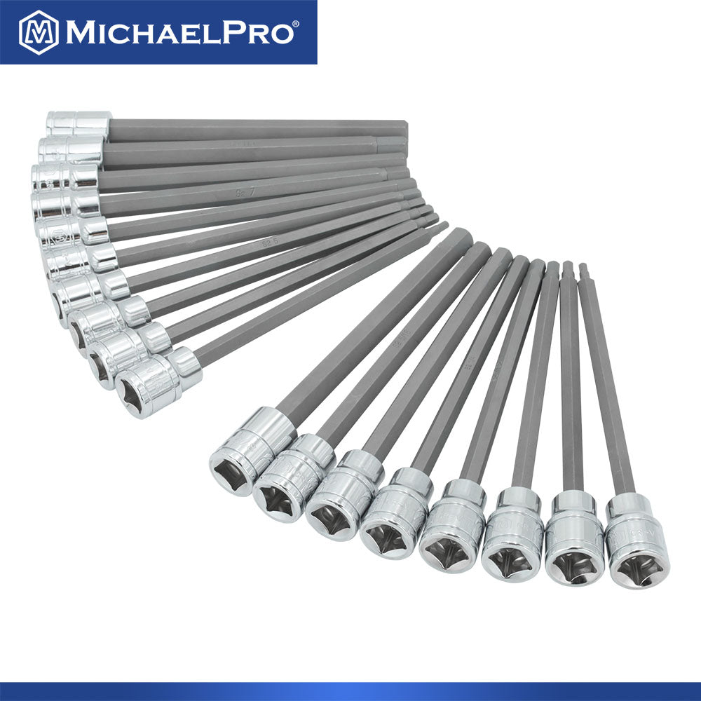 18-Piece 3/8”Drive 6-Inches Long Hex Bit Socket Set in Standard SAE & Metric Sizes (MP012020) - MichaelPro