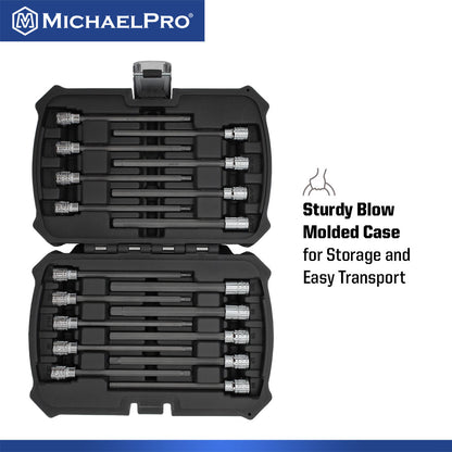 18-Piece 3/8”Drive 6-Inches Long Hex Bit Socket Set in Standard SAE & Metric Sizes (MP012020) - MichaelPro
