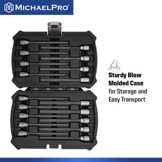 18-Piece 3/8”Drive 6-Inches Long Hex Bit Socket Set in Standard SAE & Metric Sizes (MP012020)