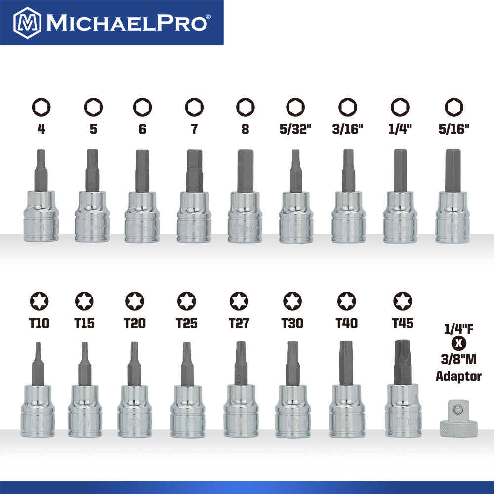 18-Piece 3/8”Drive Torx and Hex Bit Set (MP012021)
