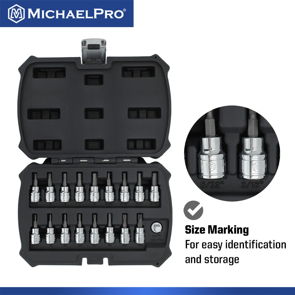 18-Piece 3/8”Drive Torx and Hex Bit Set (MP012021) - MichaelPro