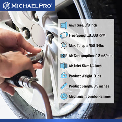 3/8" Drive Mini Air Impact Wrench, 450 ft-lbs Max Torque Output (MPA01035) - MichaelPro
