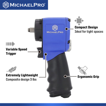 3/8" Drive Mini Air Impact Wrench, 450 ft-lbs Max Torque Output (MPA01035) - MichaelPro