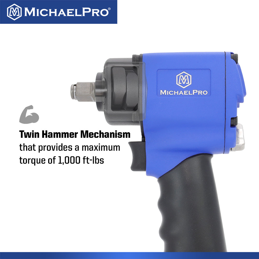 1/2" Drive Mini Air Impact Wrench, Powerful 1,000 ft-lbs Max Torque Output (MPA01036) - MichaelPro