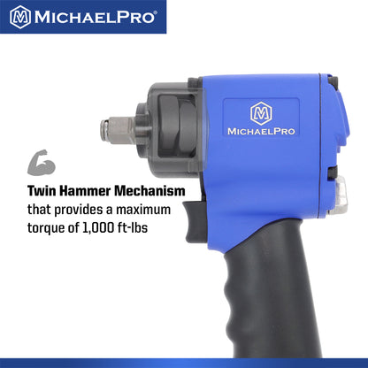 1/2" Drive Mini Air Impact Wrench, Powerful 1,000 ft-lbs Max Torque Output (MPA01036) - MichaelPro