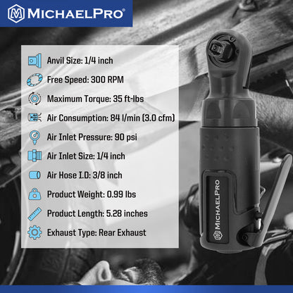 1/4" Drive Mini Air Ratchet Wrench, 35 ft-lbs Max Torque Output (MPA01044) - MichaelPro