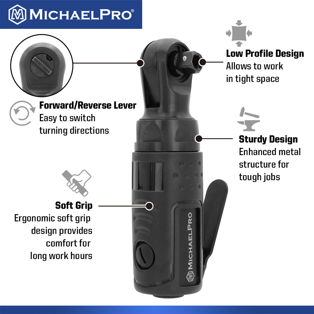 1/4" Drive Mini Air Ratchet Wrench, 35 ft-lbs Max Torque Output (MPA01044) - MichaelPro