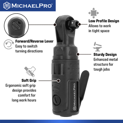 1/4" Drive Mini Air Ratchet Wrench, 35 ft-lbs Max Torque Output (MPA01044) - MichaelPro
